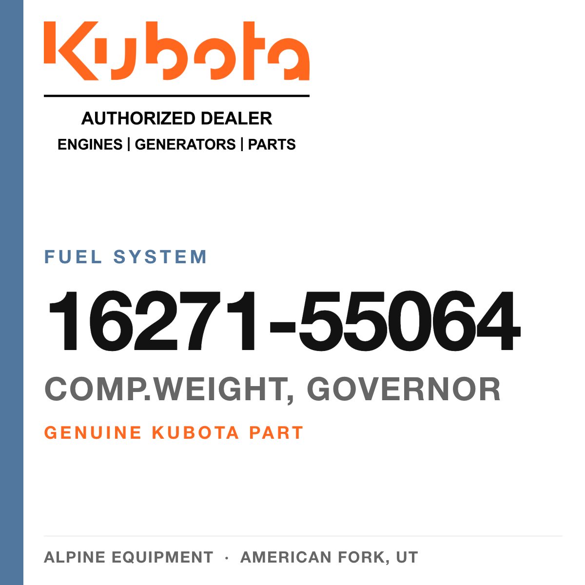 Genuine Kubota comp.weight, governor, part number 16271-55064 — Alpine Equipment