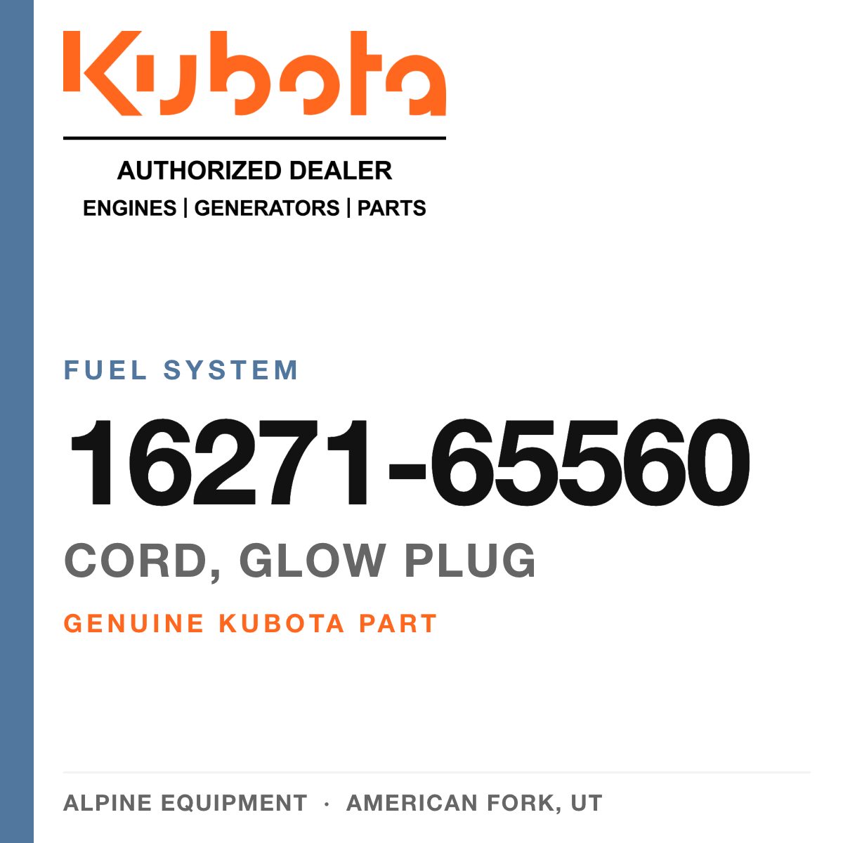 Genuine Kubota cord, glow plug, part number 16271-65560 — Alpine Equipment