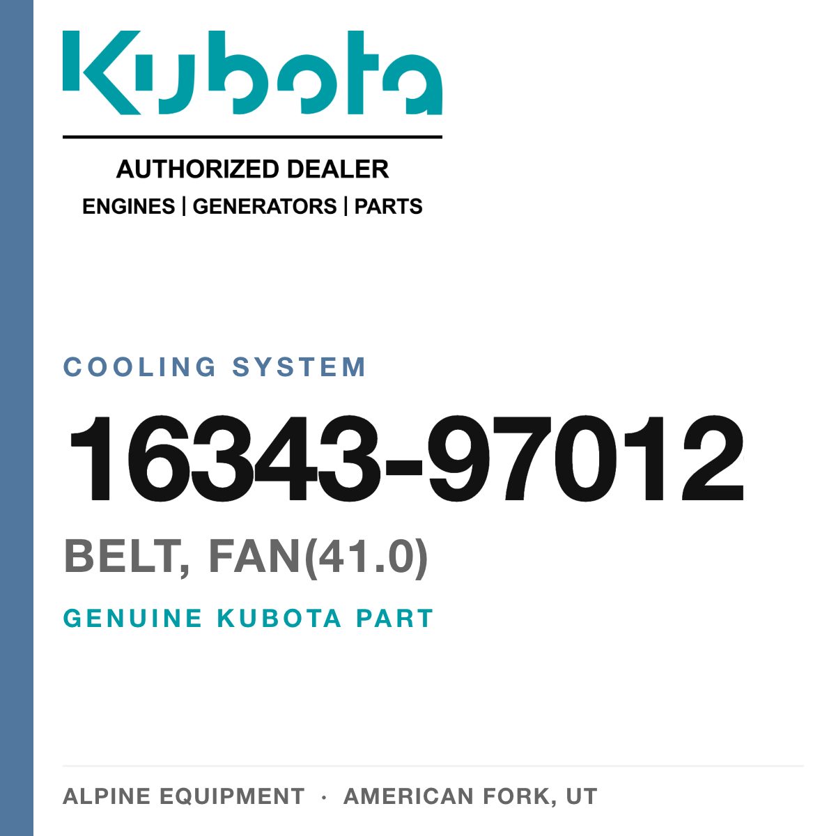 Genuine Kubota belt, FAN(41.0), part number 16343-97012 — Alpine Equipment