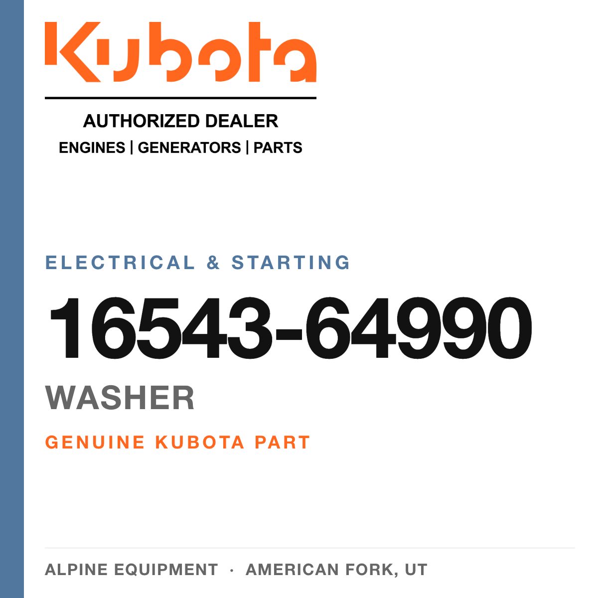 Genuine Kubota washer, part number 16543-64990 — Alpine Equipment