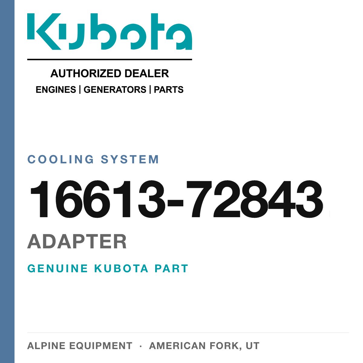 Genuine Kubota adapter, part number 16613-72843 — Alpine Equipment