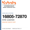 Genuine Kubota pipe 3,WATER, part number 16805-72870 — Alpine Equipment