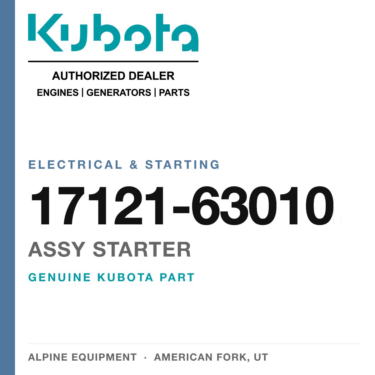 Genuine Kubota assy starter, part number 17121-63010 — Alpine Equipment