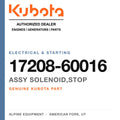 Genuine Kubota assy solenoid,stop, part number 17208-60016 — Alpine Equipment