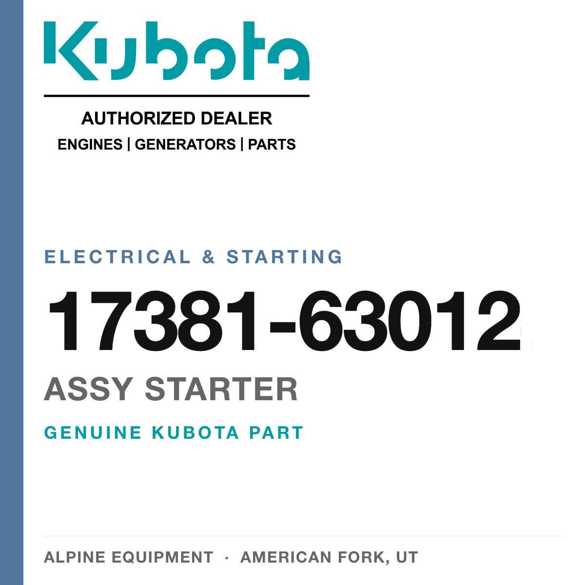 Genuine Kubota assy starter, part number 17381-63012 — Alpine Equipment