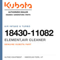 Genuine Kubota element,air cleaner, part number 18430-11082 — Alpine Equipment