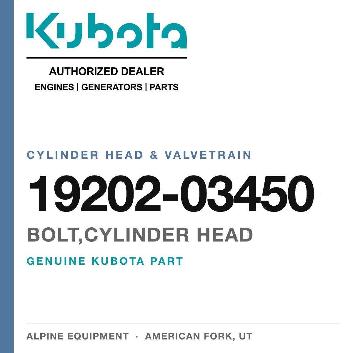 Genuine Kubota bolt,cylinder head, part number 19202-03450 — Alpine Equipment