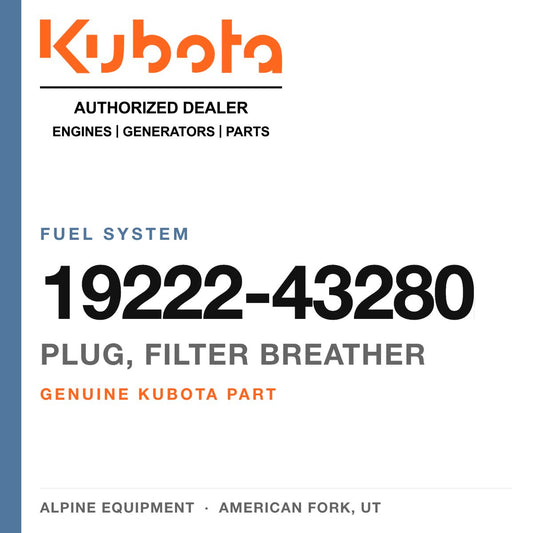 Genuine Kubota plug, filter breather, part number 19222-43280 — Alpine Equipment