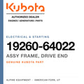 Genuine Kubota assy frame, drive end, part number 19260-64022 — Alpine Equipment