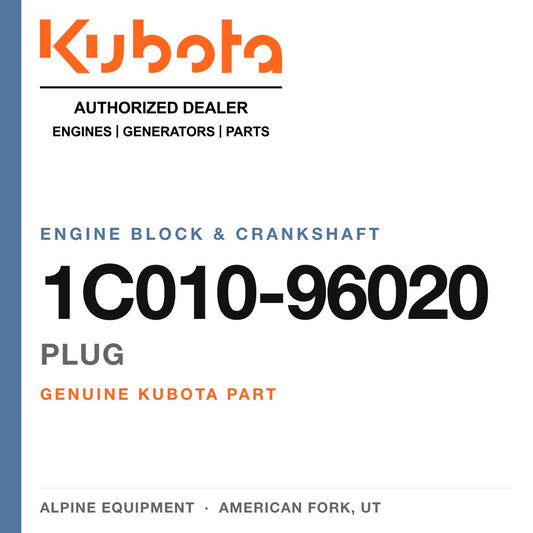Genuine Kubota plug, part number 1C010-96020 — Alpine Equipment