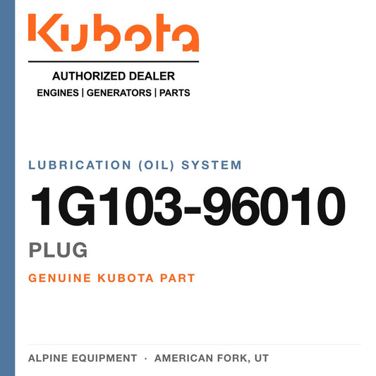 Genuine Kubota plug, part number 1G103-96010 — Alpine Equipment