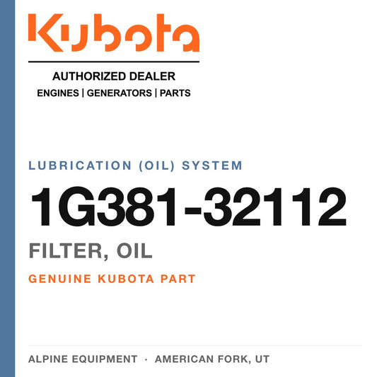 Genuine Kubota filter, oil, part number 1G381-32112 — Alpine Equipment