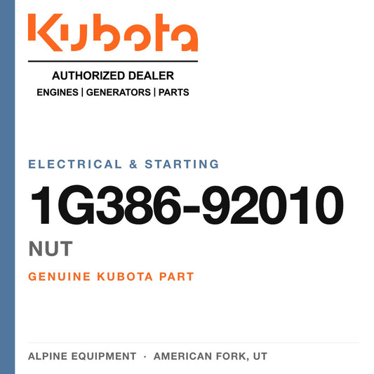 Genuine Kubota nut, part number 1G386-92010 — Alpine Equipment