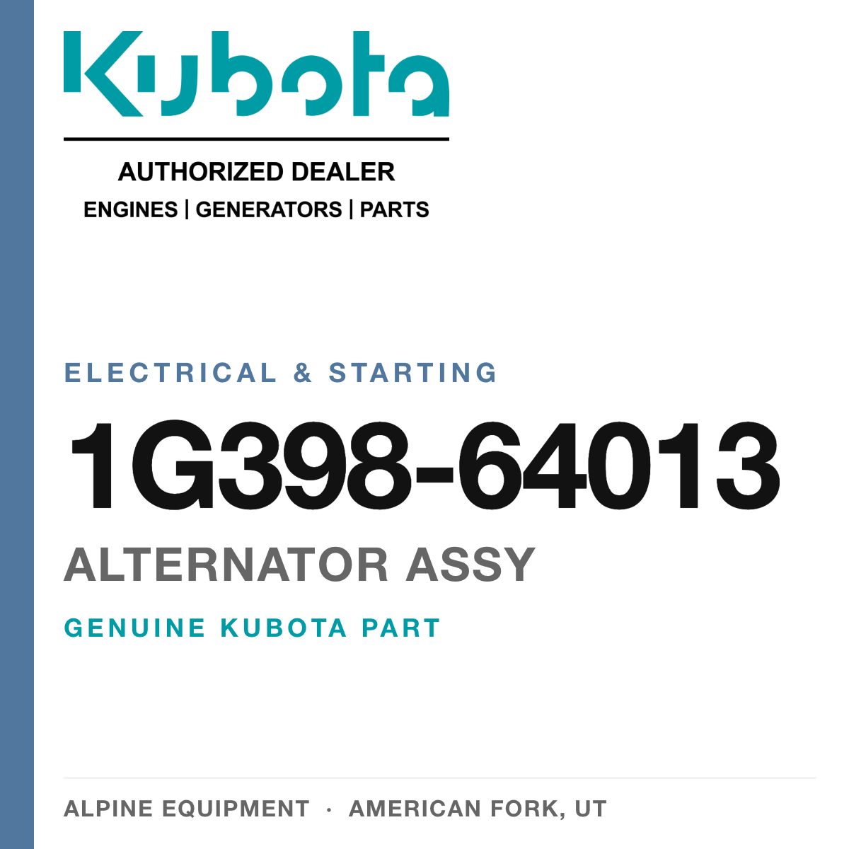 Genuine Kubota alternator assy, part number 1G398-64013 — Alpine Equipment