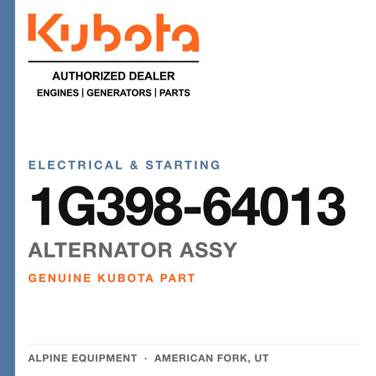 Genuine Kubota alternator assy, part number 1G398-64013 — Alpine Equipment