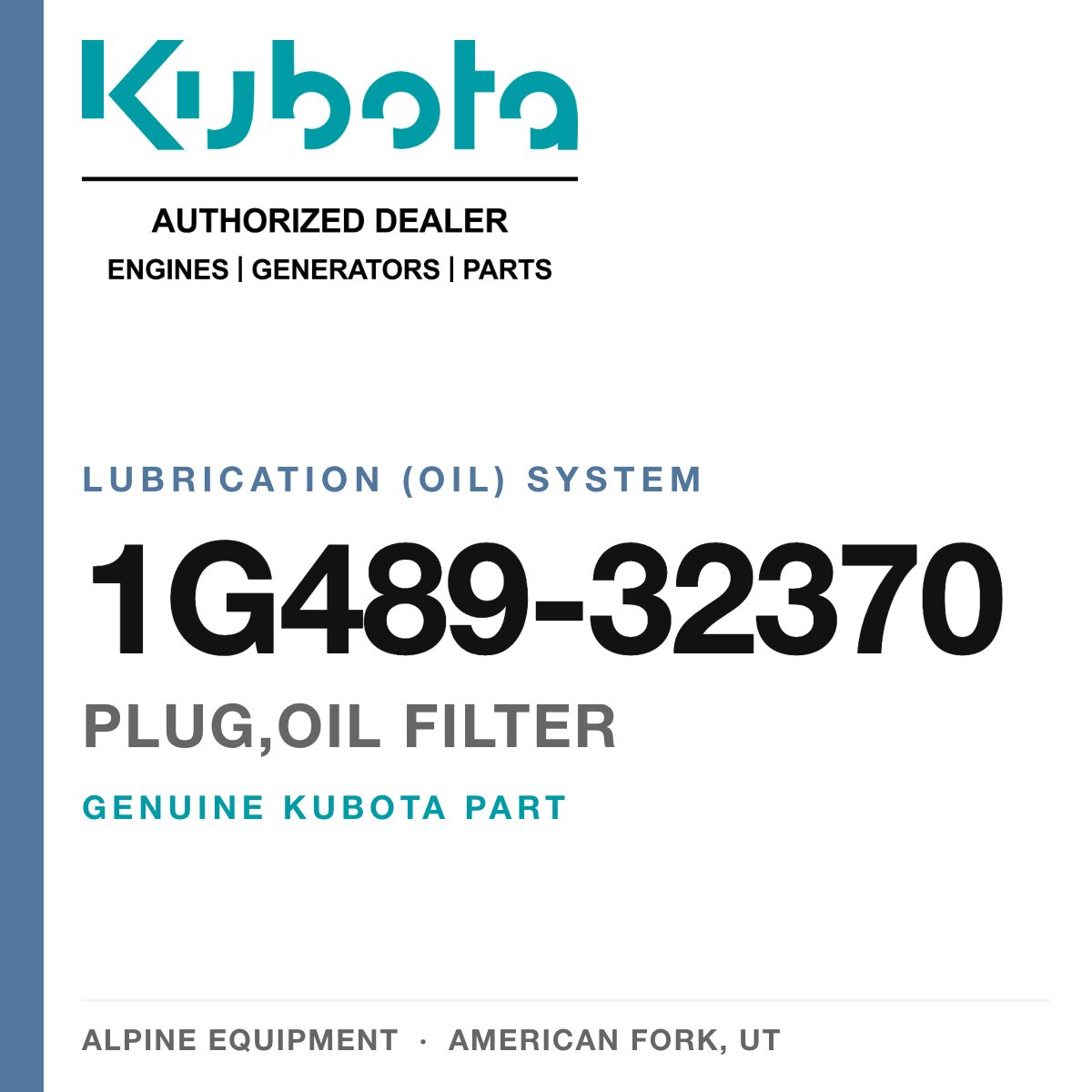 Genuine Kubota plug,oil filter, part number 1G489-32370 — Alpine Equipment