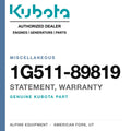 Genuine Kubota statement, warranty, part number 1G511-89819 — Alpine Equipment