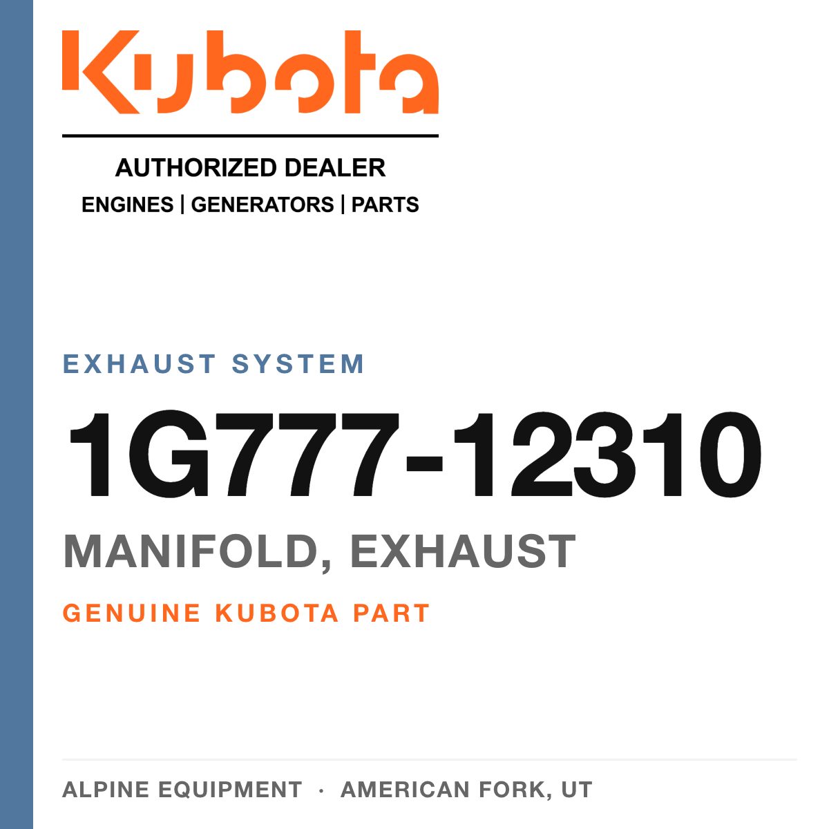 Genuine Kubota manifold, exhaust, part number 1G777-12310 — Alpine Equipment