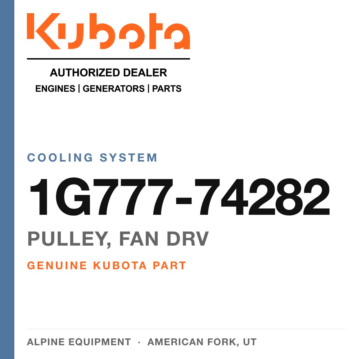 Genuine Kubota pulley, fan drv, part number 1G777-74282 — Alpine Equipment