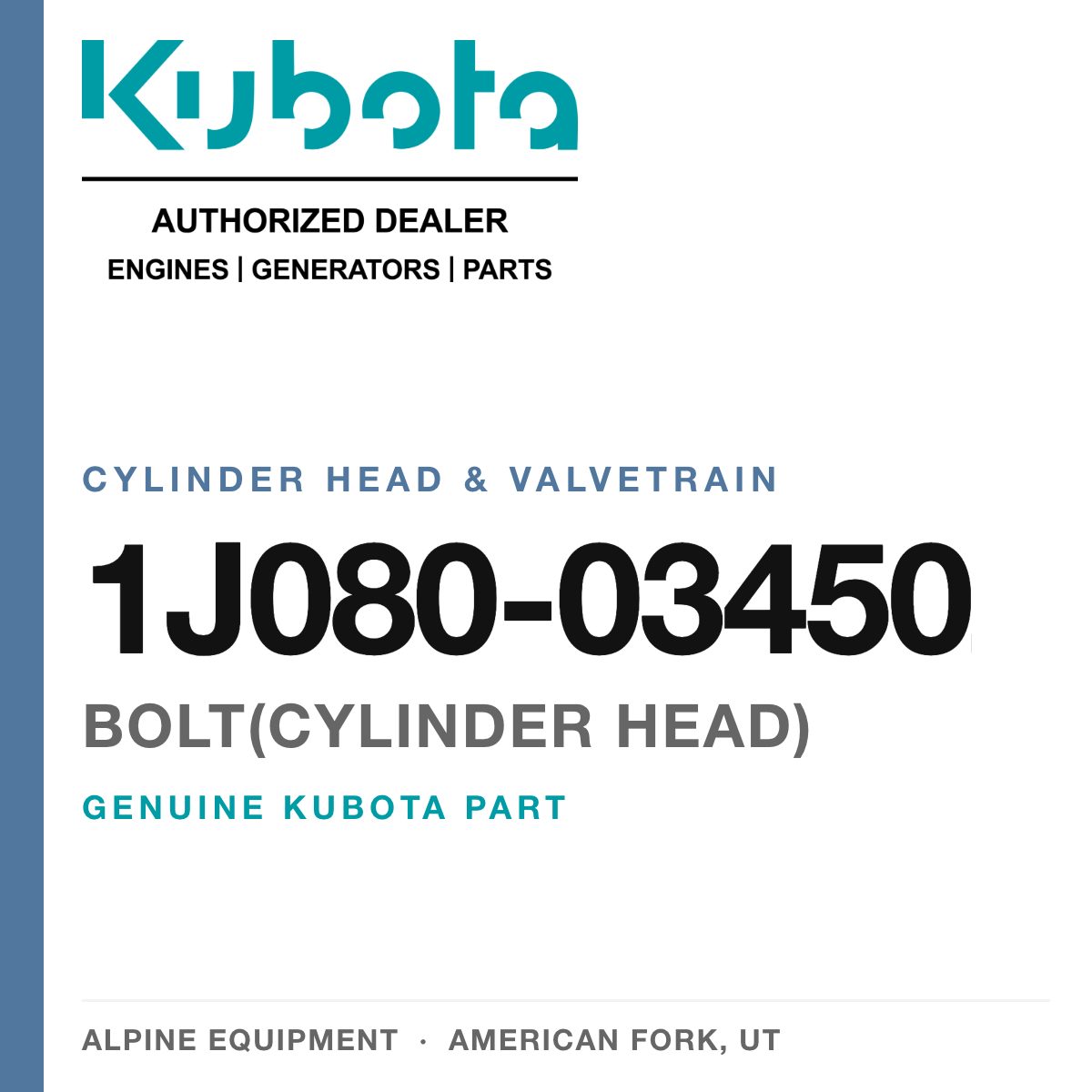Genuine Kubota bolt(cylinder head), part number 1J080-03450 — Alpine Equipment