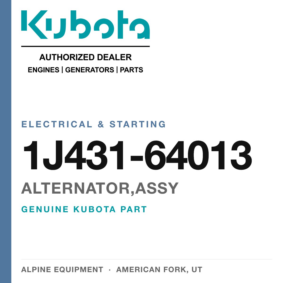Genuine Kubota alternator,assy, part number 1J431-64013 — Alpine Equipment