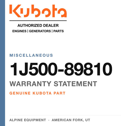 Genuine Kubota warranty statement, part number 1J500-89810 — Alpine Equipment