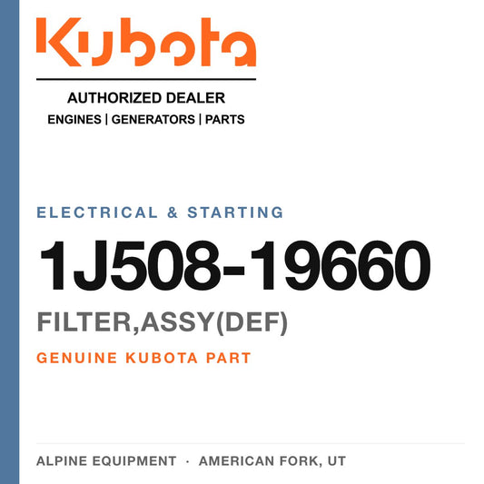 Genuine Kubota filter,assy(def), part number 1J508-19660 — Alpine Equipment