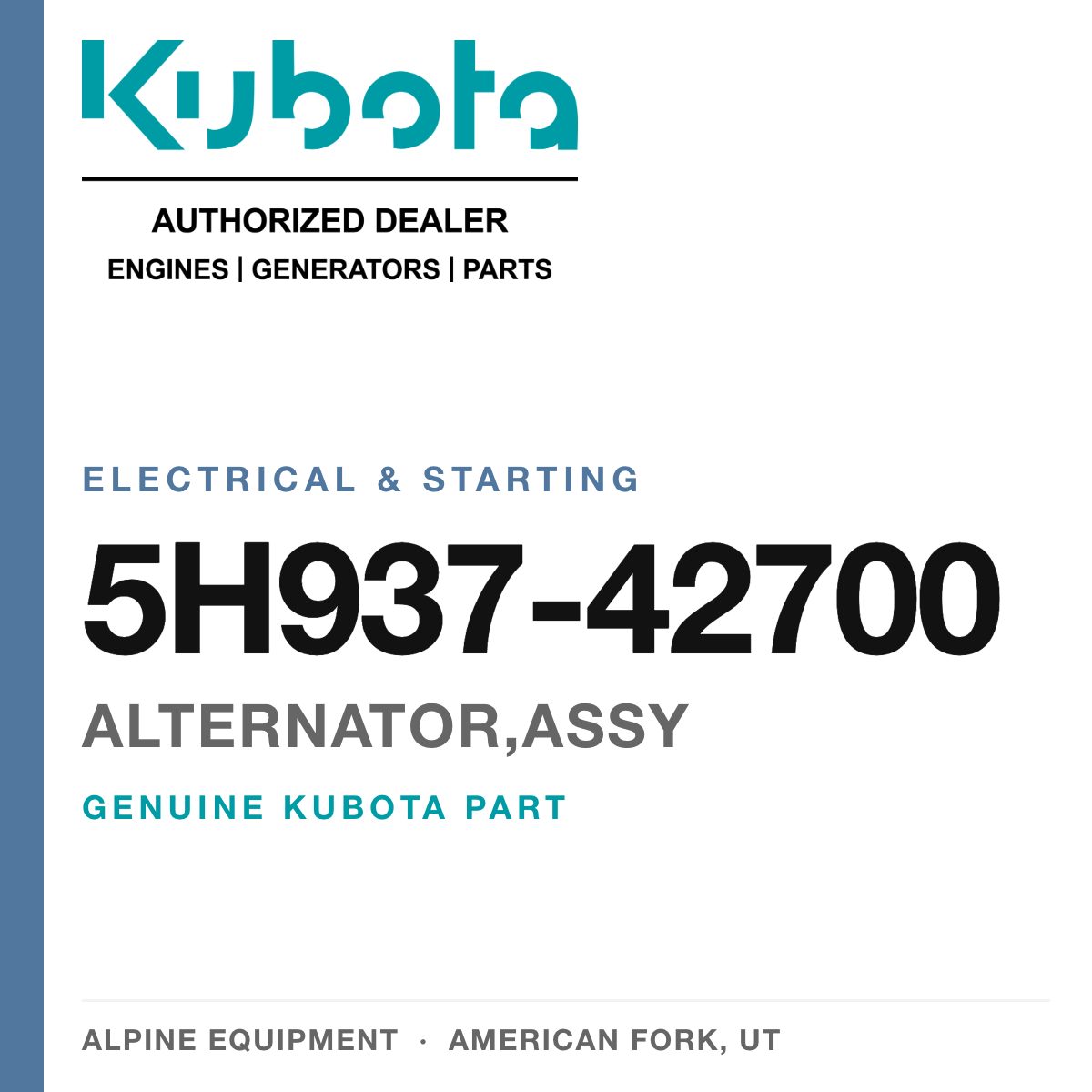 Genuine Kubota alternator,assy, part number 5H937-42700 — Alpine Equipment