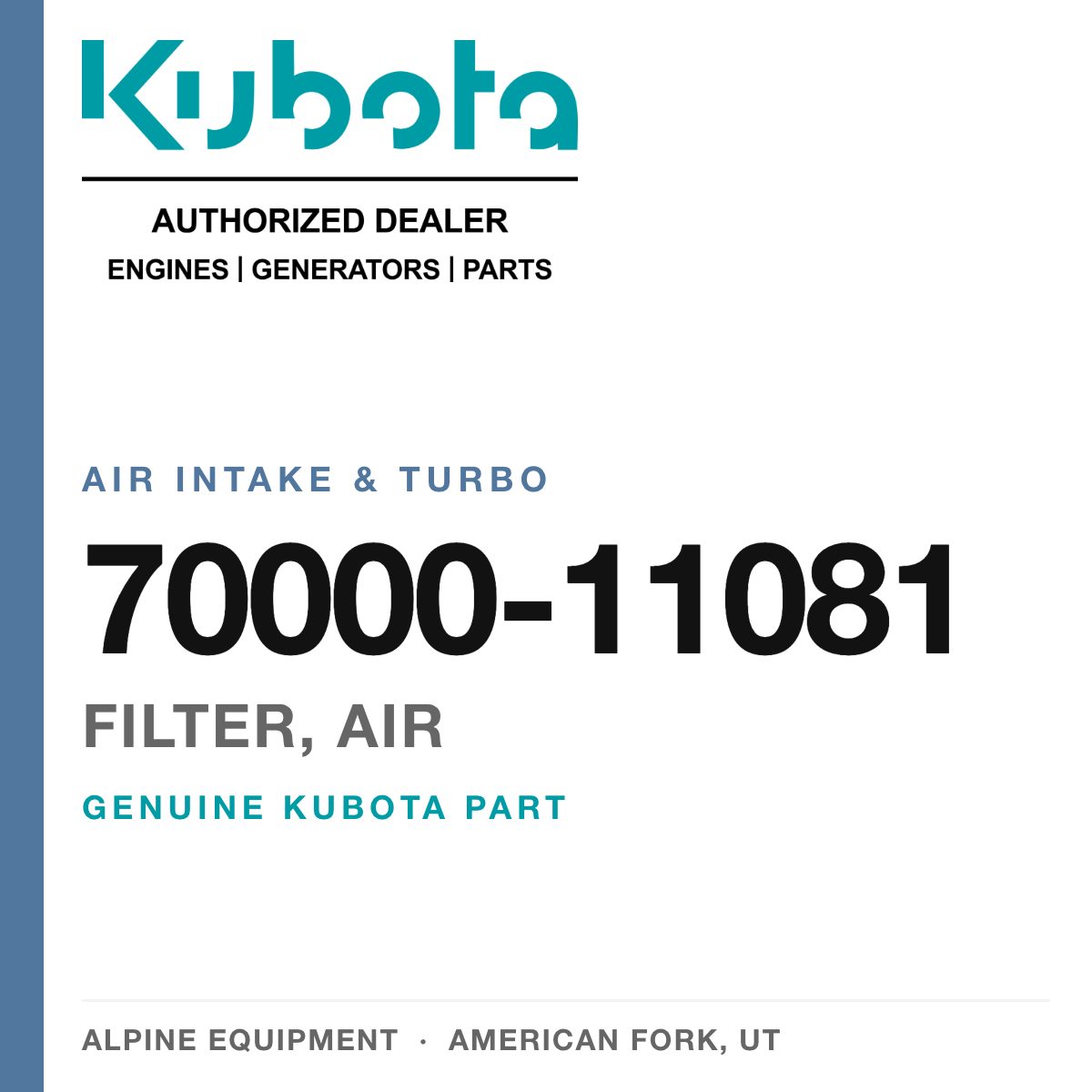 Genuine Kubota filter, air, part number 70000-11081 — Alpine Equipment