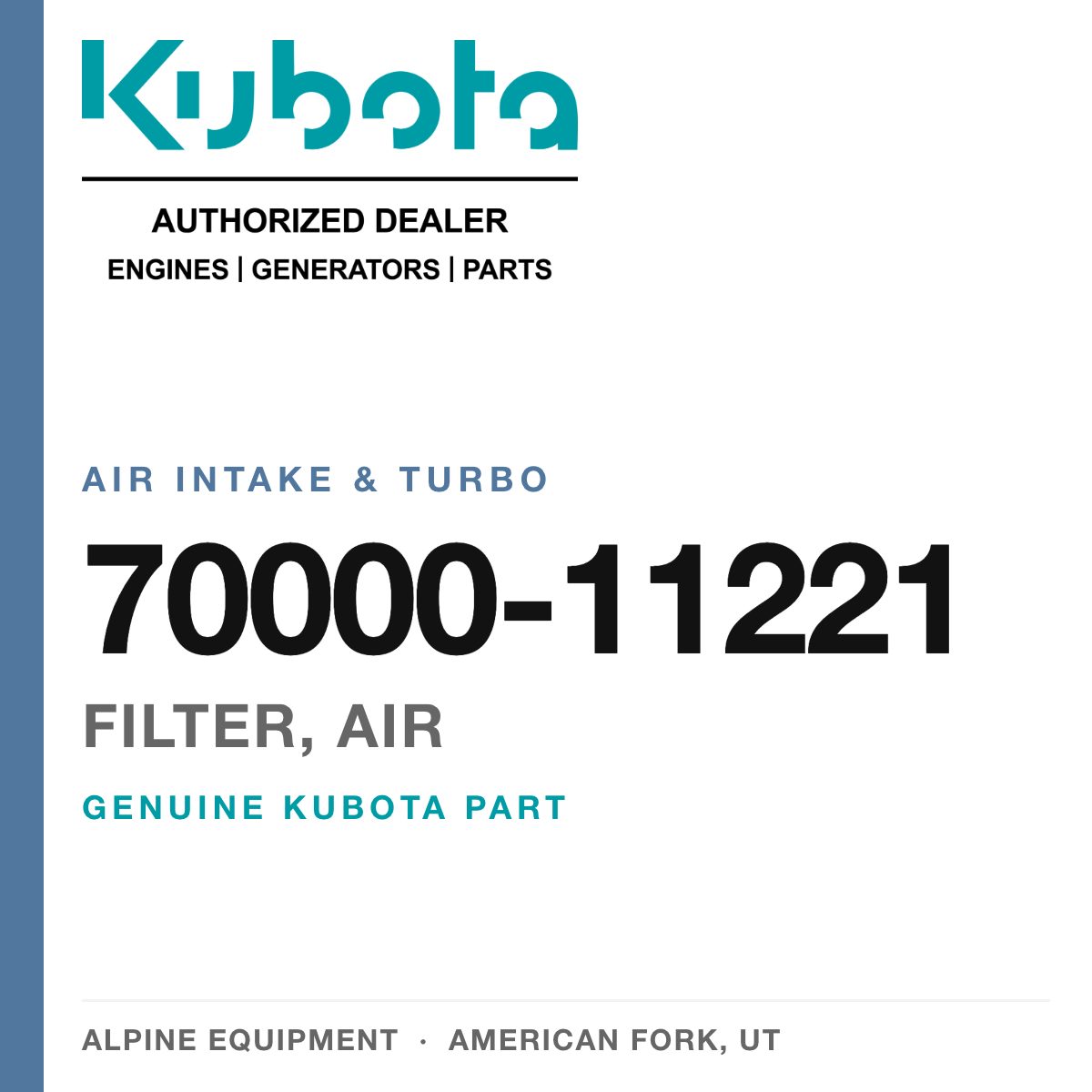 Genuine Kubota filter, air, part number 70000-11221 — Alpine Equipment