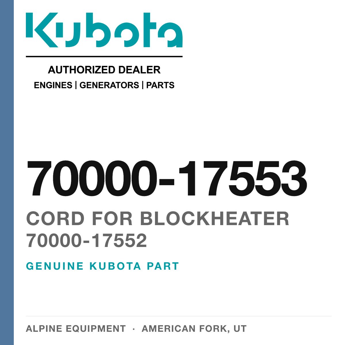 Genuine Kubota cord for blockheater 70000-17552, part number 70000-17553 — Alpine Equipment