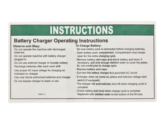 70040474 | Battery Charger Operating Instructions decal for various Genie® Machines