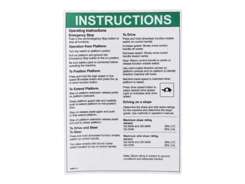 70042028 | DECAL,OPERATING INSTRUCTIONS