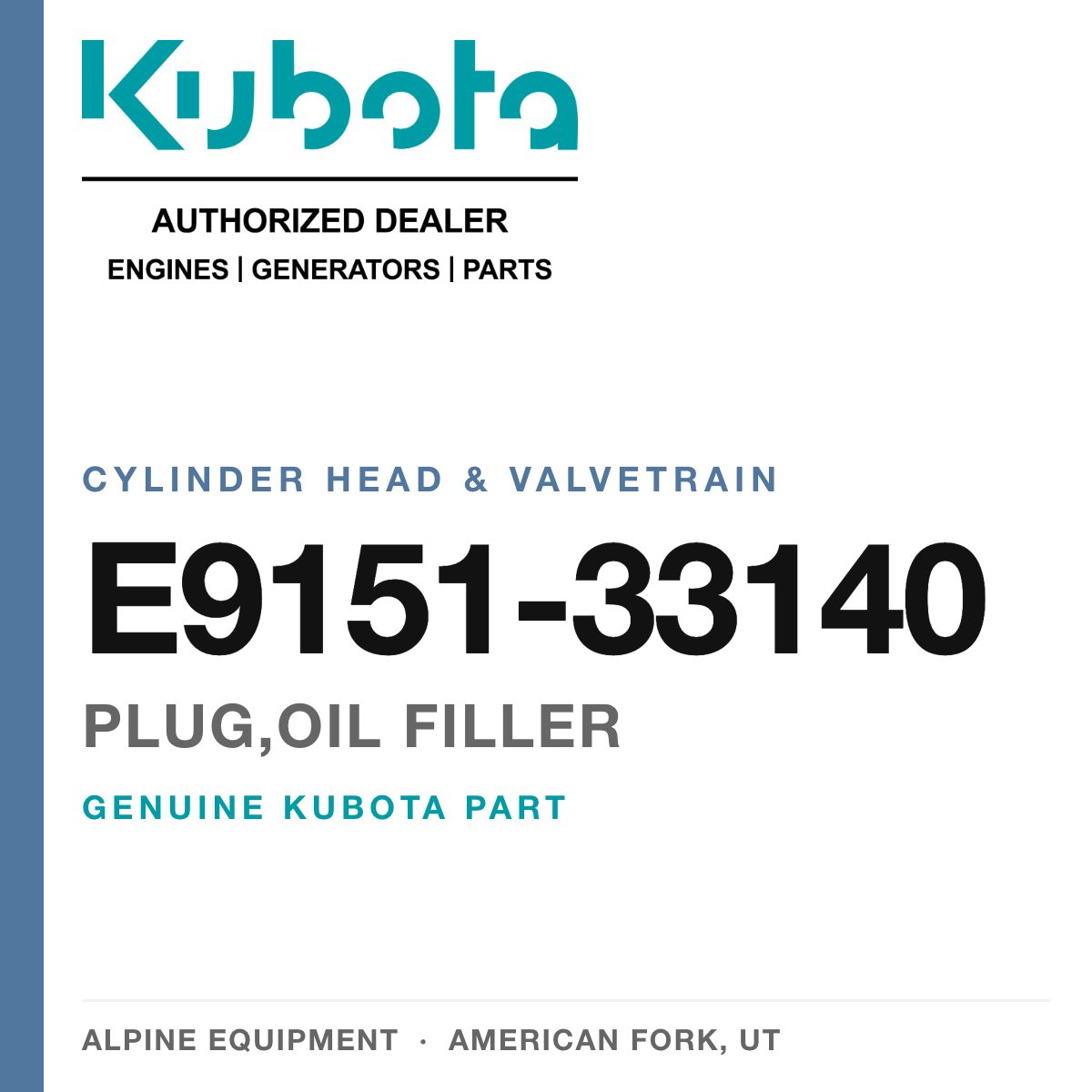 Genuine Kubota plug,oil filler, part number E9151-33140 — Alpine Equipment