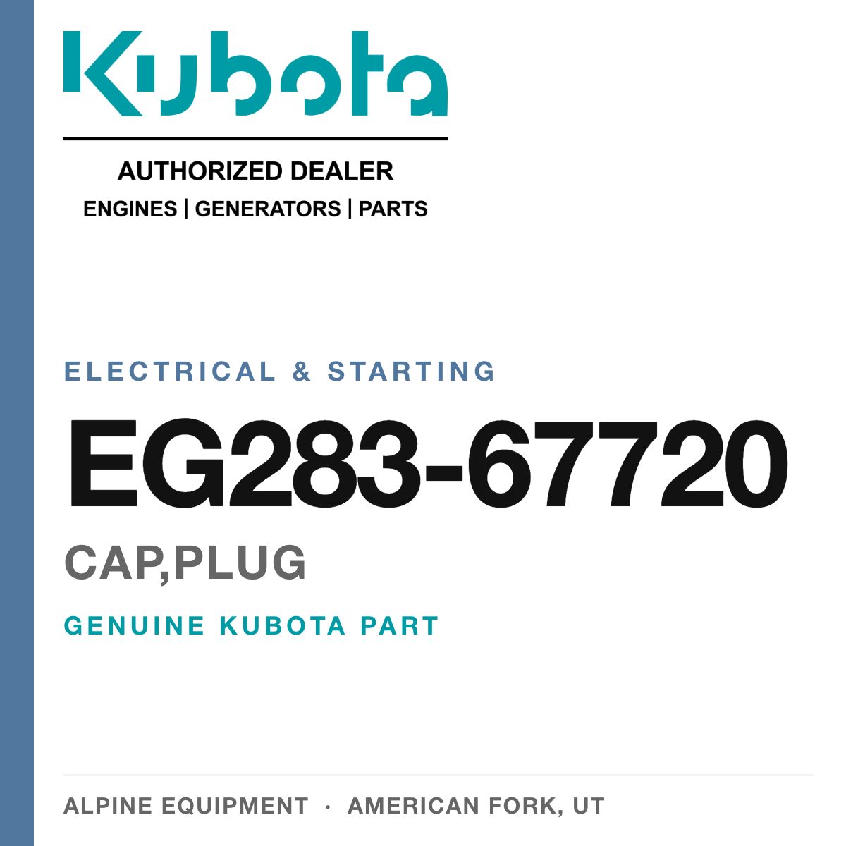 Genuine Kubota cap,plug, part number EG283-67720 — Alpine Equipment