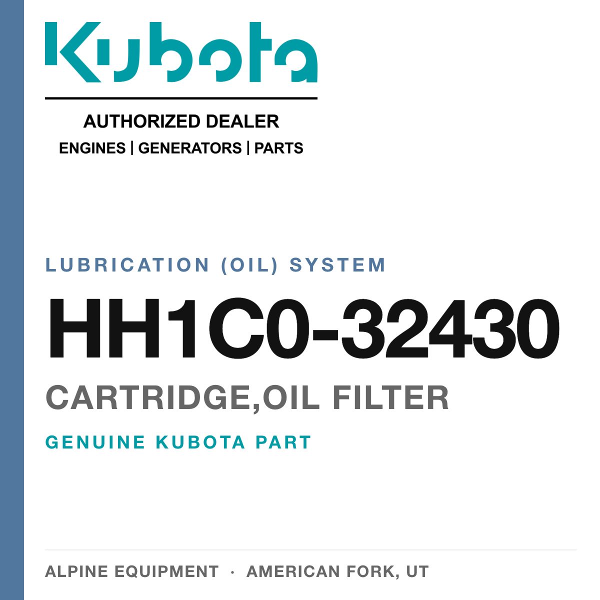 Genuine Kubota cartridge,oil filter, part number HH1C0-32430 — Alpine Equipment