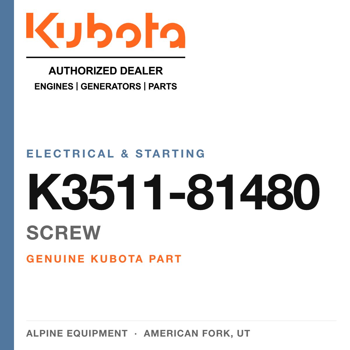Genuine Kubota screw, part number K3511-81480 — Alpine Equipment