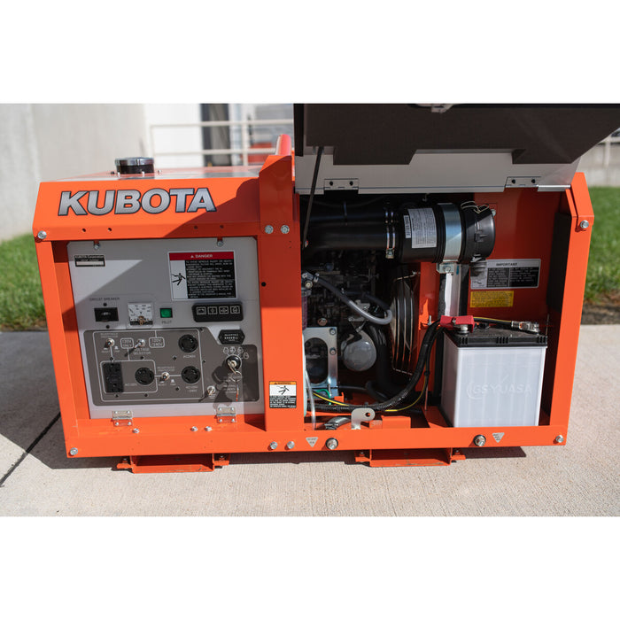 Kubota GL7000 generator with service doors open, showing the engine