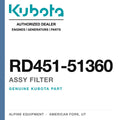 Genuine Kubota assy filter, part number RD451-51360 — Alpine Equipment