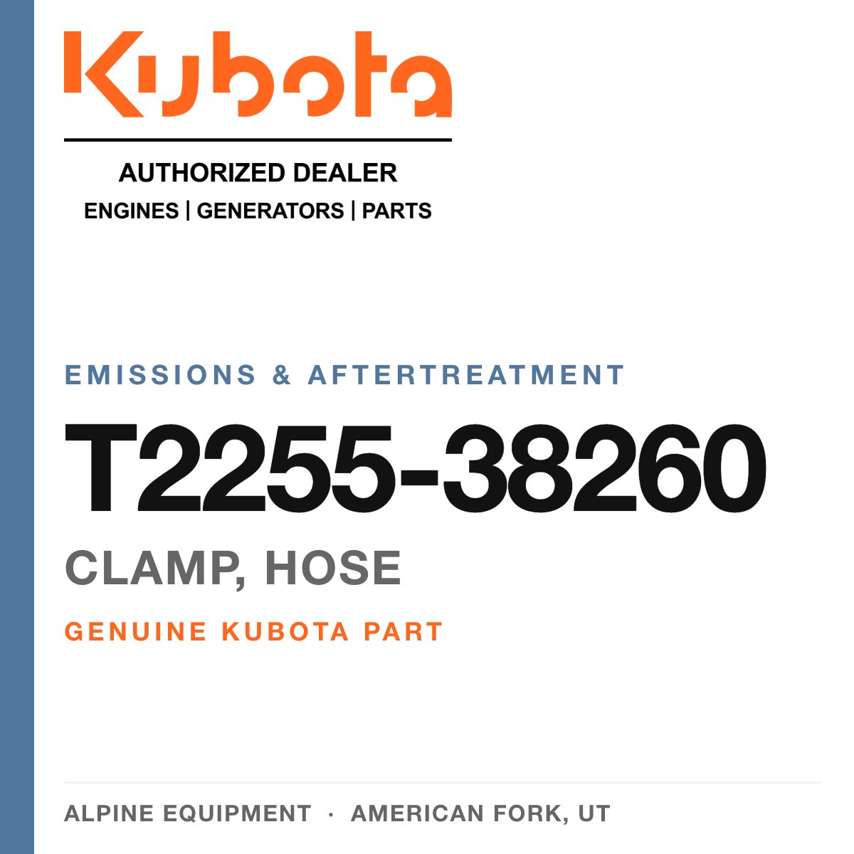 Genuine Kubota clamp, hose, part number T2255-38260 — Alpine Equipment