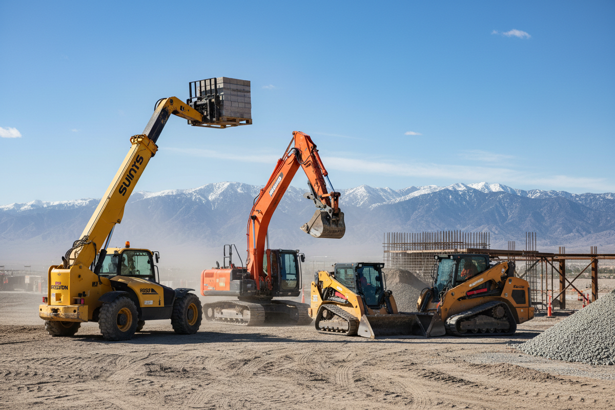 telehandlers, excavators, and other similar machineries together in one picture