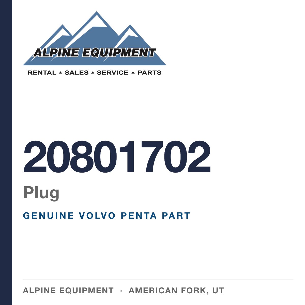Volvo Penta 20801702 Plug — genuine part from Alpine Equipment, American Fork UT