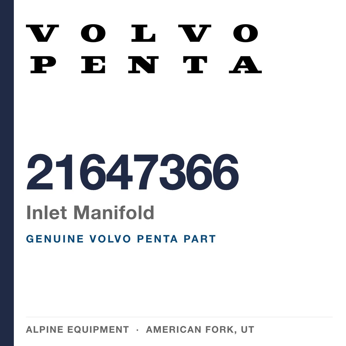 Volvo Penta 21647366 Inlet Manifold — genuine part from Alpine Equipment, American Fork UT